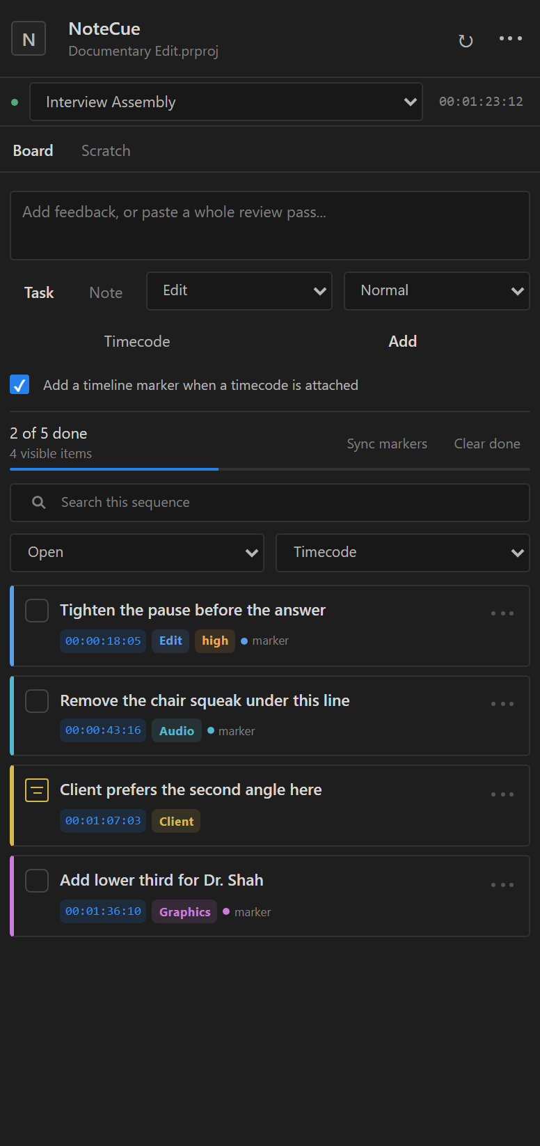 NoteCue revision board running in a narrow Premiere Pro panel